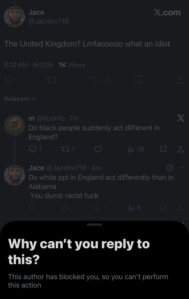 kuonfc's tweet photo. @Jacebx718 @MarlboroStrikes @Ghaminism Brother you do know I can still reply as long as it’s to myself right? Nigga scared his silly tit for tat wouldn’t land and blocked. Yes, obviously? Or do you think small cultural quirks is what’s being discussed here😭 you stupid nigga https://t.co/uUqpYmJOel
