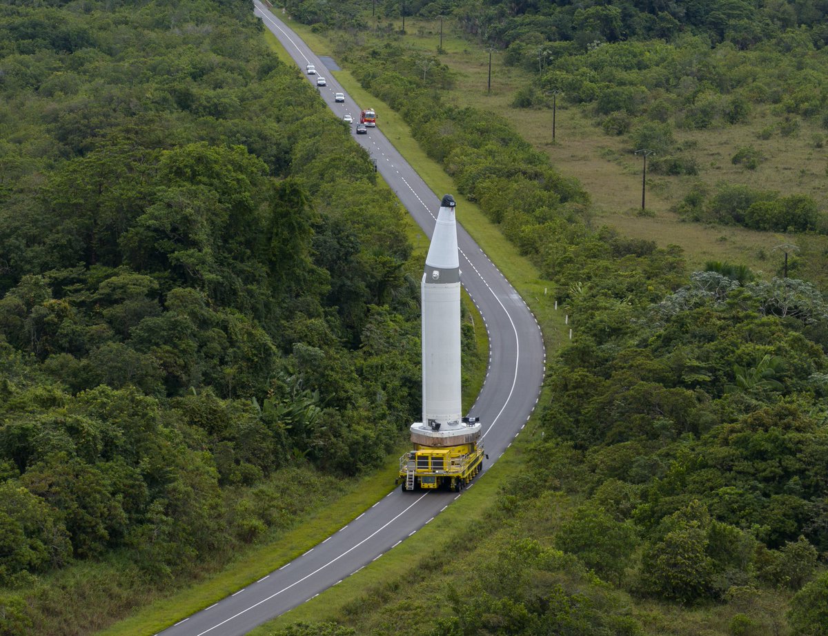 Amazonleo's tweet photo. Upgraded P160C solid rocket boosters have arrived at Europe's Spaceport in French Guiana for integration with Ariane 6 ahead of Leo Europe 3 (LE-03). Debuting on our next mission with @Arianespace, these boosters will carry the largest Amazon Leo mission with Ariane to date. Updates coming soon.