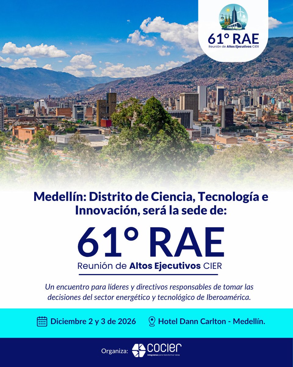 COCIER_'s tweet photo. Medellín será el escenario donde los líderes que impulsan el sector energético de Iberoamérica.

⚡ El futuro de la integración energética regional.
💡 La innovación tecnológica aplicada al sector.
🌱 Nuevos modelos de sostenibilidad.

Inscríbete aquí: https://t.co/zPMTTiaq2r https://t.co/nliW3jrPvc