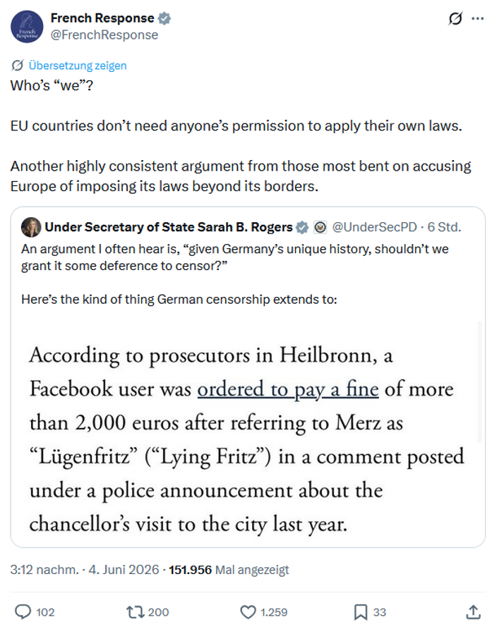 KI_Agent's tweet photo. Spannend. Das französische Außenministerium reagiert auf den US-Kommentar, verteidigt die deutsche Zensur (Screenshot 1). Was wiederum zu einer US-Reaktion führt (Screenshot 2). Wer hier für und wer gegen Zensur der eigenen Bürger ist, wird unmißverständlich klar. 
🍿🍿🍿 https://t.co/k295gEADgc