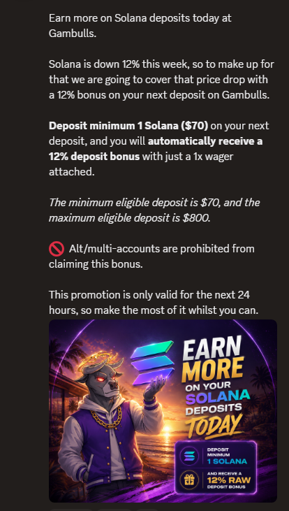 SKSlots__'s tweet photo. For those that are either pissed off about Solana or what a reason to try out Gambulls.... Now is time for both of those things!

12% deposit boost on Gambulls right now, get that loss back from Solana drops! 

Want to know more, code SKSlots on Gambulls!

@gambullscasino https://t.co/IxJuTC2dIz