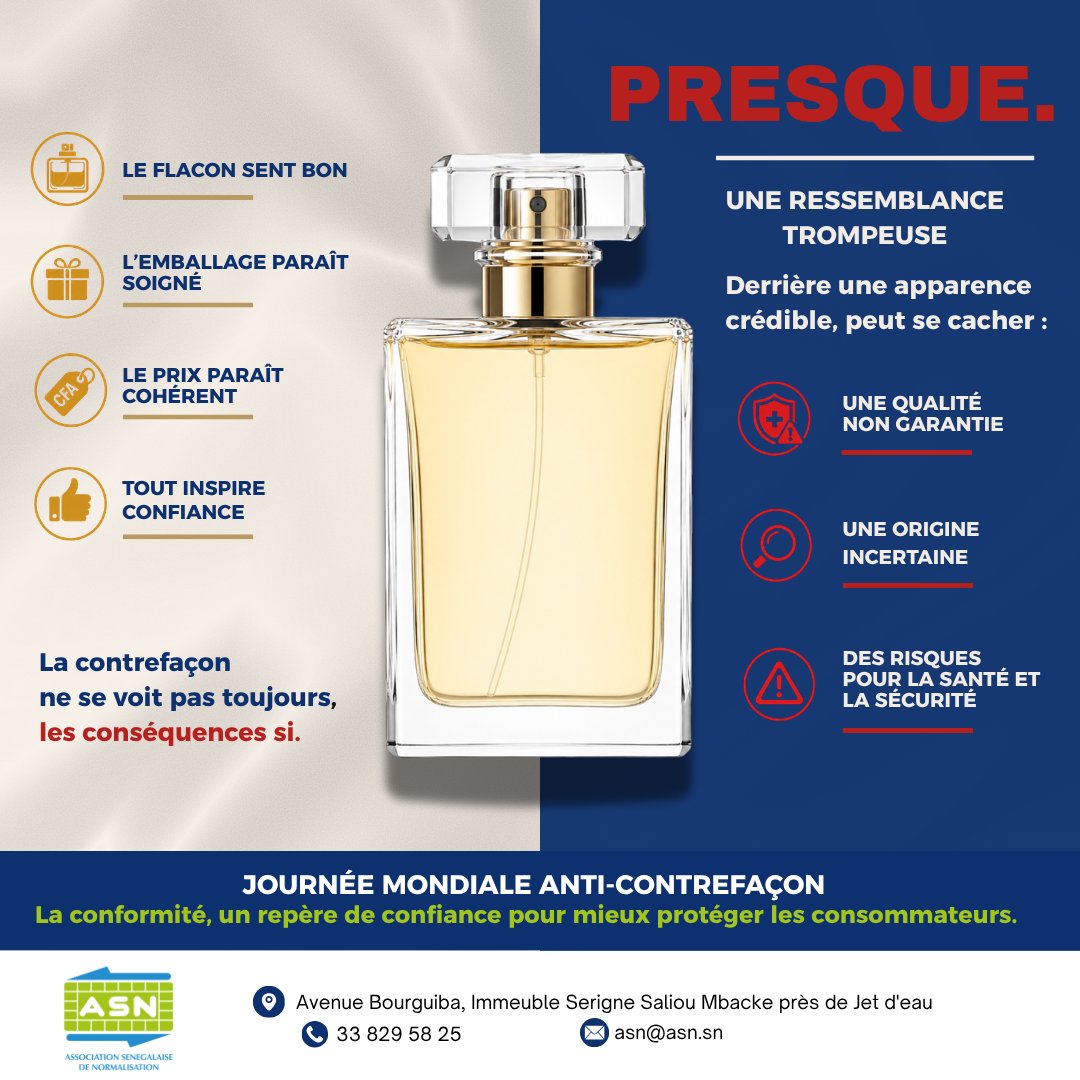 AssociationAsn's tweet photo. A l’occasion de la Journée mondiale #AntiContrefaçon l’ASN rappelle que la contrefaçon ne se reconnaît pas toujours immédiatement, mais que ses conséquences peuvent être bien réelles.

Le consommateur sénégalais mérite mieux que le « presque ». https://t.co/McpB98DLSJ