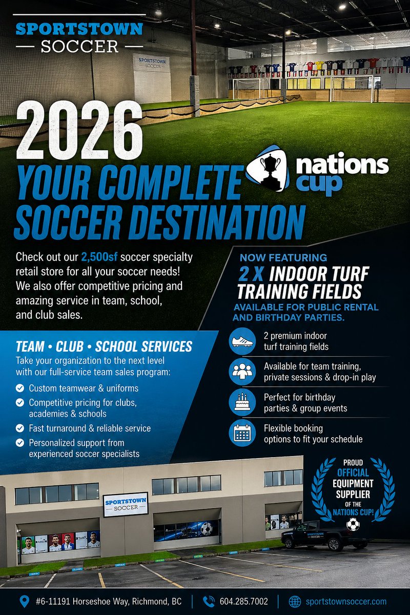 NationsCup's tweet photo. Sponsor shoutout! Thanks to Sportstown for the generosity and support of the Nations Cup. Please support those who support this important community soccer event @stsoccershop  https://t.co/RW4NvhOWje #soccer #football #community #sponsorship #Richmond https://t.co/MQ4sD0O9mH