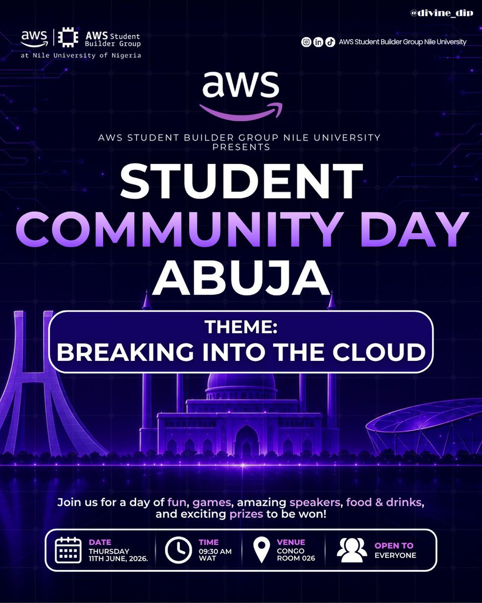 FloInTech1's tweet photo. Excited to be speaking at AWS Student Community Day Abuja 2026, hosted by the AWS Student Builder Group at Nile University! 
I'll be sharing practical insights on breaking into cloud computing, building relevant skills, certifications, projects, and navigating a career in tech. https://t.co/3RPgP5HgxC