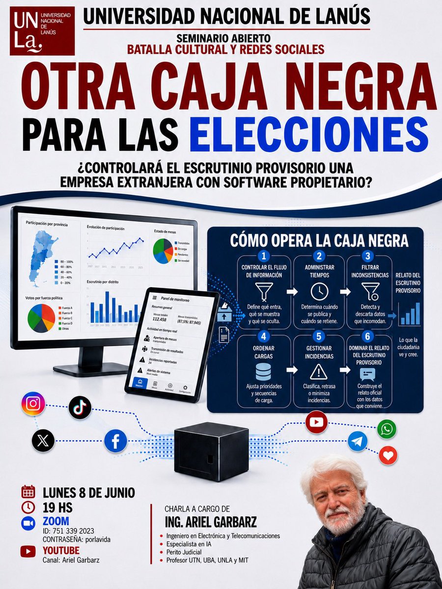 GarbarzAriel's tweet photo. REITERO ALERTA DEMOCRÁTICA

El anuncio del Gobierno sobre el escrutinio provisorio aparece en un contexto político gravísimo: ajuste salvaje, caída del poder adquisitivo, destrucción del Estado, endeudamiento, represión y creciente rechazo social.

Ese es el marco. No es un detalle técnico.

2/8
Cuando un gobierno pierde legitimidad en la calle, en los salarios, en las universidades, en los hospitales, en las provincias y en la vida cotidiana, necesita controlar algo más que la campaña.

Necesita controlar la percepción pública de la elección.

Ahí aparece la caja negra.

3/8
Milei, Bullrich o cualquier candidato del bloque tecnofeudalista necesitan operar antes, durante y después del comicio.

Antes: manipulación algorítmica de la subjetividad.
Durante: control del flujo de datos electorales.
Después: imposición del relato del resultado.

4/8
El antecedente no es abstracto.

En 2025 ya se encendieron las alarmas por el intento de volver a poner el escrutinio provisorio en manos de empresas privadas, con software propietario y control público insuficiente.

Y ya lo vivimos antes: durante la elección en la que Macri contrató Smartmatic/Election 360, yo participé como perito y fiscal informático junto a colegas especialistas, y no tuvimos acceso real al código fuente.

Es decir: se nos pidió controlar una elección sin poder auditar el corazón del sistema.

5/8
MSA, Palantir, Election 360 de Smartmatic, INDRA o cualquier proveedor privado concentran un riesgo común cuando operan con software propietario:

quien controla el código, los tiempos de carga, los filtros y la publicación de resultados controla el relato político de la noche electoral.

6/8
El escrutinio provisorio construye el primer impacto público de la elección.

Ordenar cargas, demorar mesas, administrar incidencias, filtrar inconsistencias y publicar datos en determinada secuencia puede instalar clima de triunfo, derrota, sospecha o resignación.

Eso es poder político.

7/8
Los legisladores nacionales deben citar funcionarios, exigir pliegos, contratos, arquitectura técnica, ubicación de servidores, protocolos de contingencia, logs, auditorías, trazabilidad completa y participación real de partidos, universidades y ciudadanía.

La democracia se defiende antes del daño.

8/8
Los votos son del pueblo argentino.
Los datos electorales son de la democracia argentina.
El escrutinio debe ser público, auditable, trazable y soberano.

Ningún gobierno en crisis puede entregar la voluntad popular a una caja negra privada.

Lo denunciaremos en detalle y exigiremos que reaccionen nuestros representantes el lunes 8/6 19 hs por Zoom 👇🏻