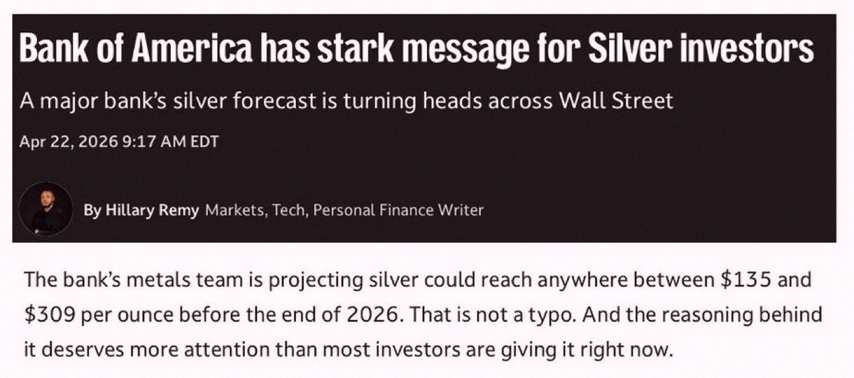 nyappi1's tweet photo. Bank of America's metals team is predicting silver could hit $309 by year-end 🚨🚨 This is insane 🤯 https://t.co/9E0sFwnNrW