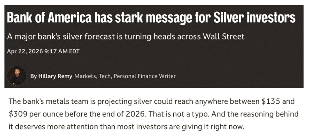 aishagayqqqqq's tweet photo. Bank of America’s metals team says silver could hit $309 by year-end 🚨🚨 Mind-blowing stuff 🤯 https://t.co/pjAv22MMPX