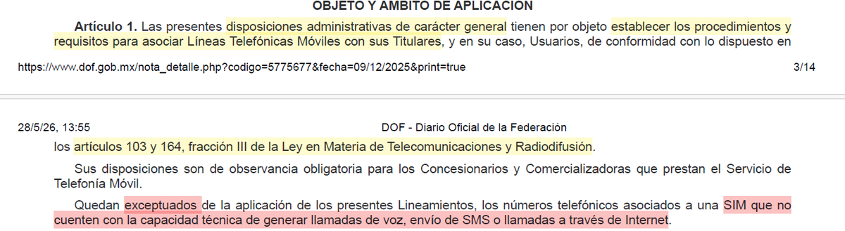 SoyOtraAriana's tweet photo. Por cierto, si andaban con la duda, sí si hay excepciones a la ley por cuanto al registro obligatorio de líneas teléfonicas, pero que terminan creando una brecha de seguridad que contradice el propósito de sus Lineamientos. 

Menciona que quedan exceptuados de la vinculación de identidad las SIM´s que, no cuenten con la capacidad técnica para enviar o recibir mensajes de texto. Pero ¿a qué se refiere? por ejemplo: chips en medidores de luz o agua;  GPS de vehículos y flotillas; sistemas de telepeaje; sistemas de alarma y monitoreo en hogares o empresas; cámaras de seguridad móviles; y terminales de punto de venta (a través de las pagas por TC/ TD), por mencionar ejemplos. 

Pero, si el argumento de la ley es la seguridad nacional y evitar delitos, entonces ¿por qué un chip de datos puro que puede usarse para coordinar actos ilícitos vía apps de mensajería en una tablet no requiere registro? INCONGRUENCIA. 

Se obliga al usuario común a entregar biometría y datos personales, pero se exime a dispositivos que operan bajo la misma red solo por su "limitación" de hardware.

Esto refuerza mi particular idea de que la medida es técnicamente inconsistente e inconsciente, ya que si un delincuente quisiera transmitir datos o coordinarse, técnicamente podría usar cualquiera de estos canales "exceptuados" que no requieren vinculación de identidad, lo cual es un argumento sólido para cuestionar la proporcionalidad e idoneidad de la norma en un juicio. Ojito, colegas. 👀📵