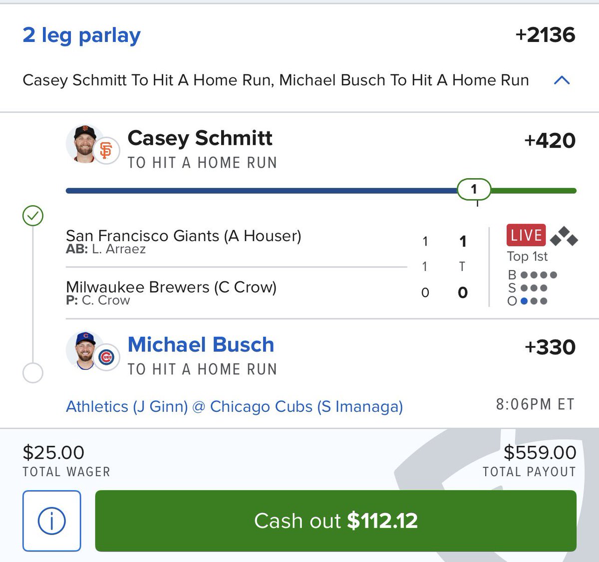 FadeLocks's tweet photo. Casey Schmitt ✅ first at bat!!

$25 to two people who like and retweet this if Michael Busch goes yard to cash out me and my discord!! https://t.co/ufLRtzy7p3