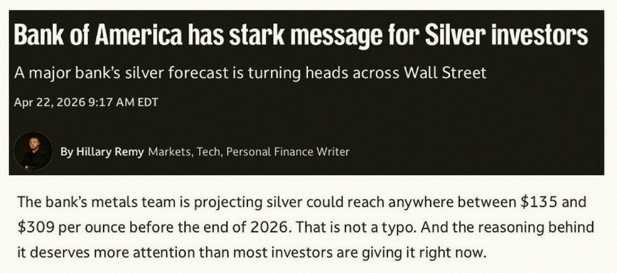 Vivajaqlin's tweet photo. Bank of America says silver could hit $309 by year end 🚨🚨 Holy cow, that's wild 🤯 
https://t.co/qvorC8z95d https://t.co/OFqx4SNqAM