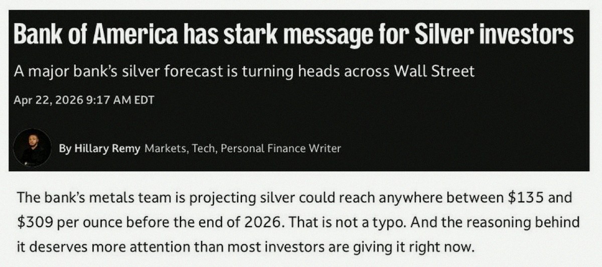 PatrickGraham2's tweet photo. Bank of America's Metals Desk predicts silver will skyrocket to $309 by year end 🚨🚨 Oh my god 🤯 https://t.co/5qCNFuSIVr https://t.co/OWK4rCEI0s