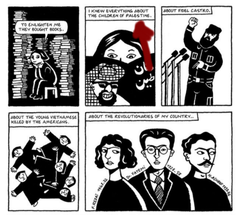 Cavertiano's tweet photo. Una hoja de Persépolis mencionando a Palestina, Una parte de la película donde Marjane se caga en Occidente, otra hoja del cómic donde cuenta del regimen opresivos del Shah y el comunismo en su familia. Todo esto está en el cómic. https://t.co/I085N5BY5B