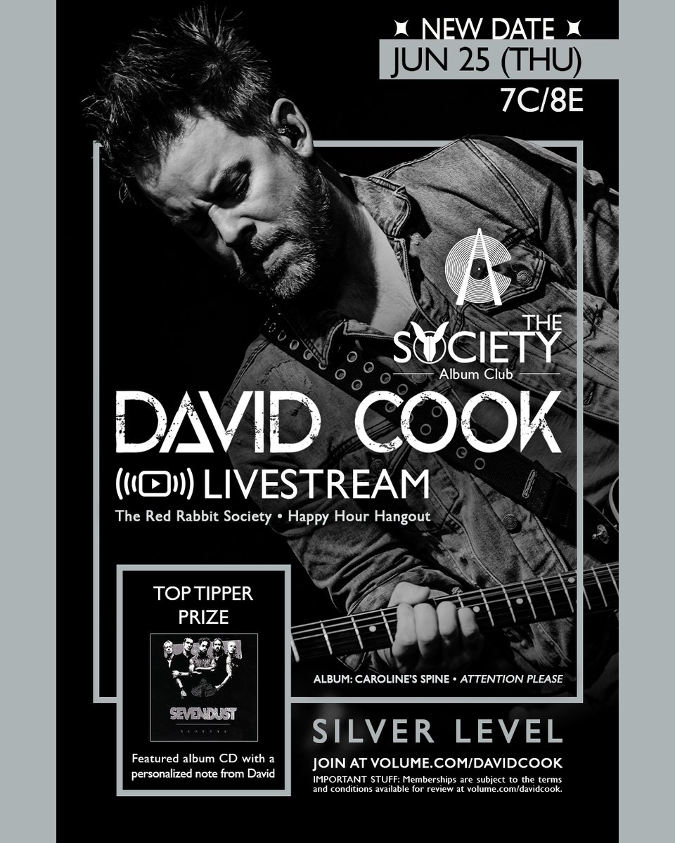 FoolsApril64's tweet photo. ➕ADDS for June 👉David Cook *rescheduled (from Apr/May)* 🙌 Volume 🛜LIVESTREAMS! https://t.co/r61UDGsJBK

💿06.25 Album Club (Sevendust - "Seasons") 🥈🥇
🎵06.27 Live from Chief's 🥉🥈🥇
⭐️06.29 Alternative Style 🥇 https://t.co/Zg1yjbGE71