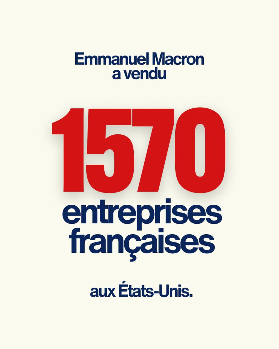Clemence_Guette's tweet photo. Depuis qu'Emmanuel Macron est au pouvoir, il a vendu 1570 entreprises françaises aux États-Unis.

Parmi elles, certaines des plus stratégiques de notre pays :
- Technip (ingénierie pétrolière et parapétrolière)
- Opella (producteur du Doliprane)
- Exxelia (composants électroniques passifs)
- Latécoère (aérostructures et systèmes de câblage pour l'aéronautique)
- Branche énergie d'Alstom (turbines Arabelle, qui équipent les centrales nucléaires françaises et les sous-marins de la Marine nationale, partiellement rachetée depuis)
- LMB Aerospace (refroidisseur de matériel militaire et de communication)
- Souriau (connecteurs électriques de très haute sécurité)
- HGH (systèmes optroniques et des caméras infrarouges).

Et tant d'autres.

C'est une catastrophe pour les emplois, mais aussi pour notre souveraineté. Il a vendu nos fleurons et mis en danger notre capacité de défense et d'innovation.

Tout cela sera long à reconstruire. Nous le ferons.