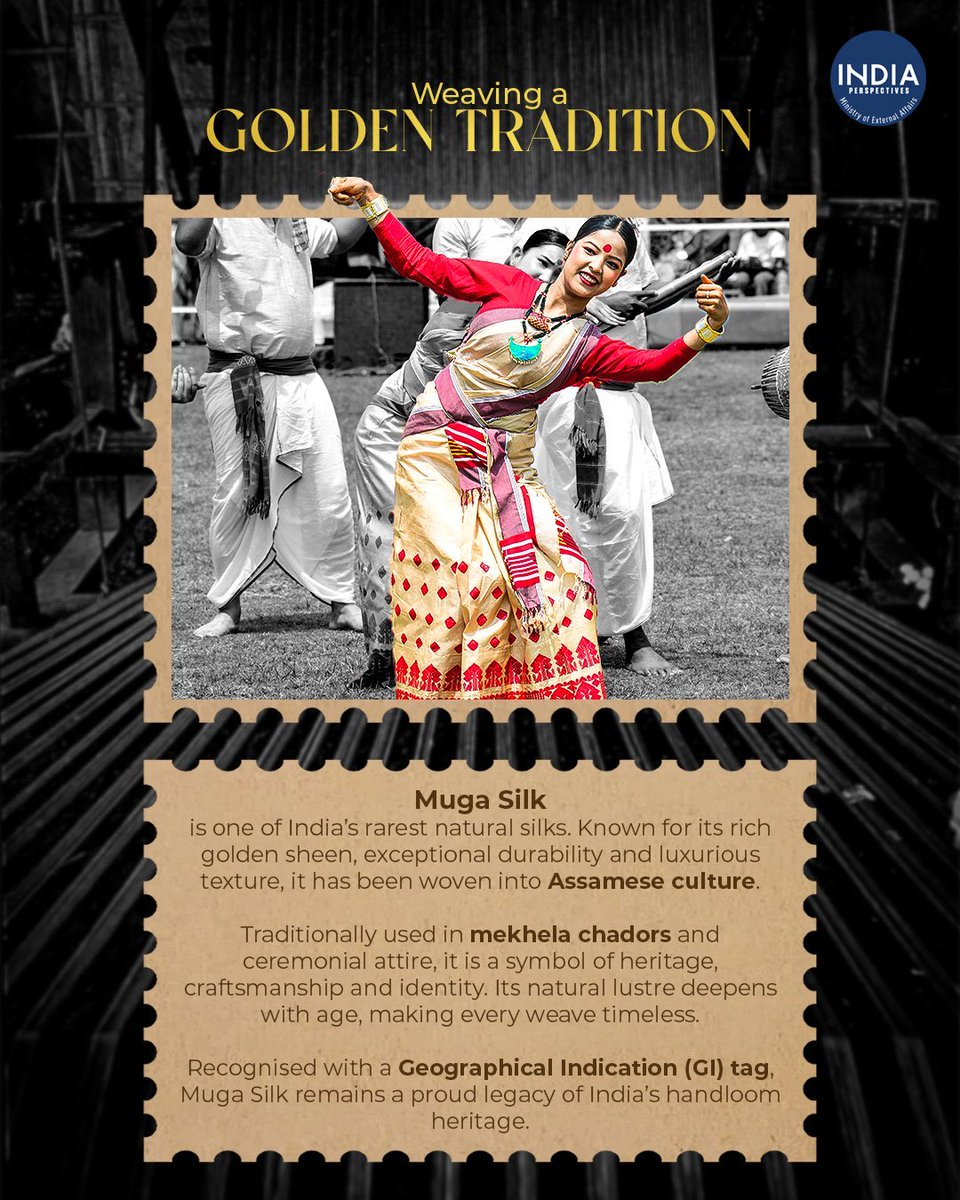 IndEmbDushanbe's tweet photo. ✨ More than a gift, a story woven over centuries.

When Prime Minister Narendra Modi presented a Muga silk stole to Italian Prime Minister Giorgia Meloni, he shared a unique symbol of India’s rich cultural and textile heritage. Known as the “Golden Silk” of Assam, Muga silk is found nowhere else in the world and is celebrated for its natural lustre, durability and exquisite craftsmanship.

A timeless reflection of India’s artisanal excellence and living traditions. 🇮🇳

#IncredibleIndia

@MEAIndia @IndianDiplomacy @DrSJaishankar