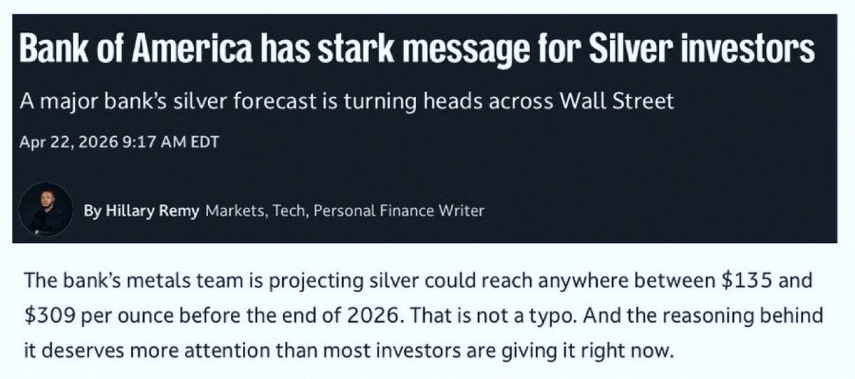 hh864617211's tweet photo. Bank of America's Metals Desk is predicting silver could hit $309 by year-end... 🚨🚨 Holy moly 🤯 https://t.co/HGz6H3rFYR https://t.co/SZ05dGIH4p