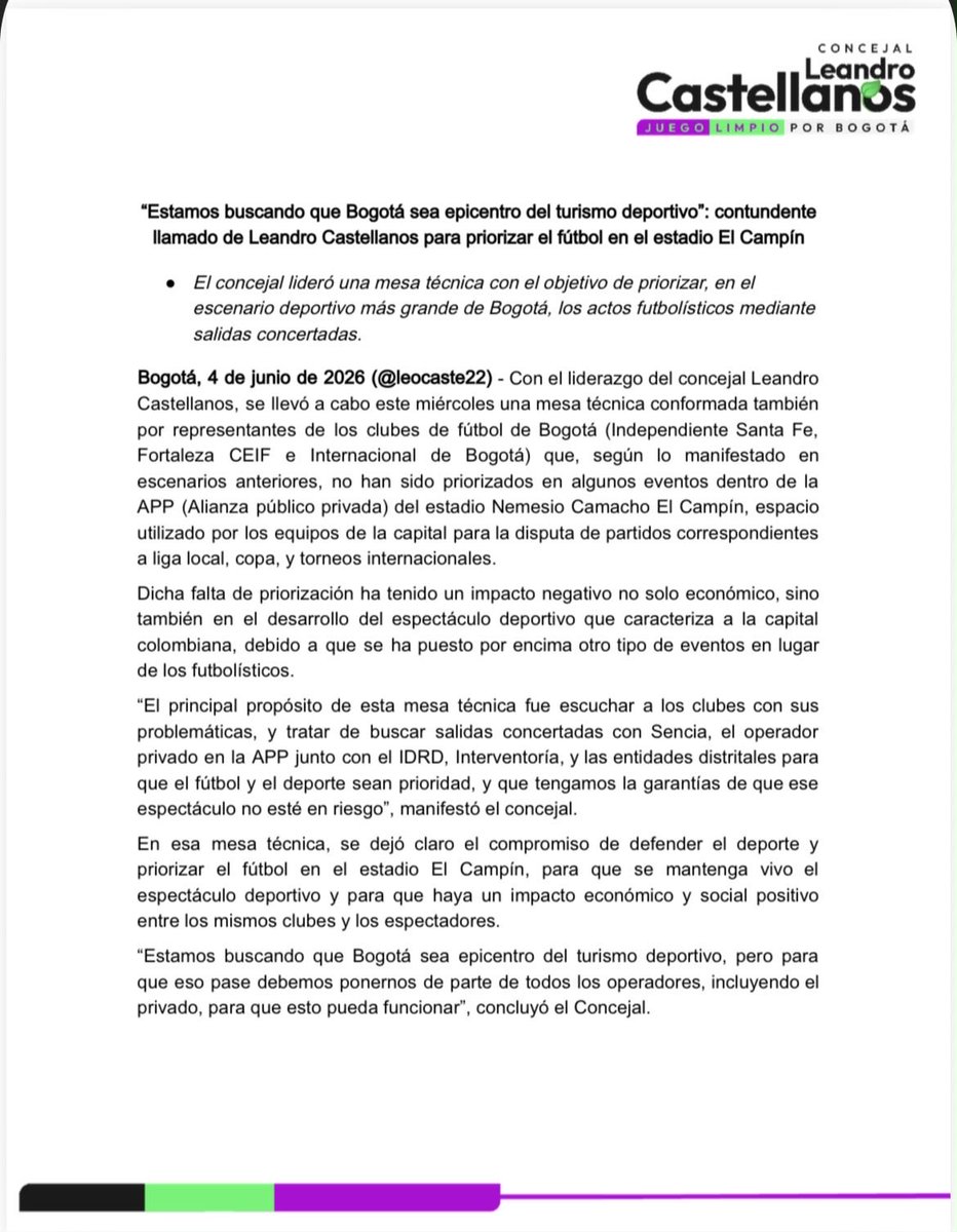 leocaste22's tweet photo. Estamos buscando que Bogotá sea epicentro del turismo deportivo, y para ello es una necesidad priorizar el fútbol en el estadio El Campín. 🏟️

Nuestra cuidad puede seguir siendo escenario de grandes espectáculos y, al mismo tiempo, garantizar las condiciones que requiere el fútbol profesional. Ese fue el eje de una mesa técnica en la que reunimos a clubes capitalinos, dirigentes, actores del sector deportivo y a los operadores de la APP que maneja el estadio para debatir el presente y el futuro del principal escenario deportivo de la ciudad. ⚽