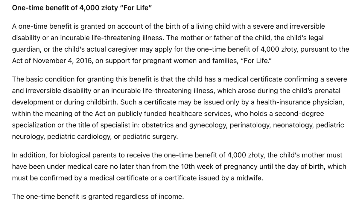 sentientist's tweet photo. In 2016, Catholic Poland created a one-time payment to encourage having babies with severe, irreversible disabilities or incurable life-threatening illnesses: 4,000 złoty, ~$1,000. 
The benefit is still available. But in 2021, Poland banned abortion for fetal abnormality. https://t.co/0YnCEU2KEG