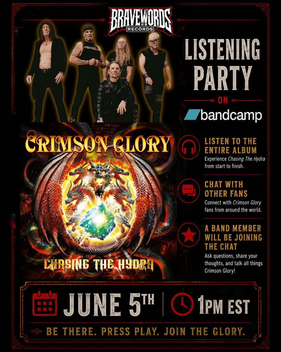BravewordsRec's tweet photo. Don’t forget the CRIMSON GLORY Listening Party tomorrow at 1pmEST on Bandcamp!

Visit https://t.co/vseWPUTFNI https://t.co/rLvUl7unLX