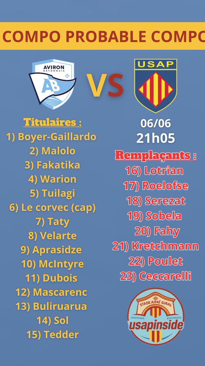 usapinside's tweet photo. L’USAP s’apprête à affronter l'Aviron Bayonnais ce samedi à 211h05. Voici la composition probable de notre équipe 👇 https://t.co/k45A0QbsJV