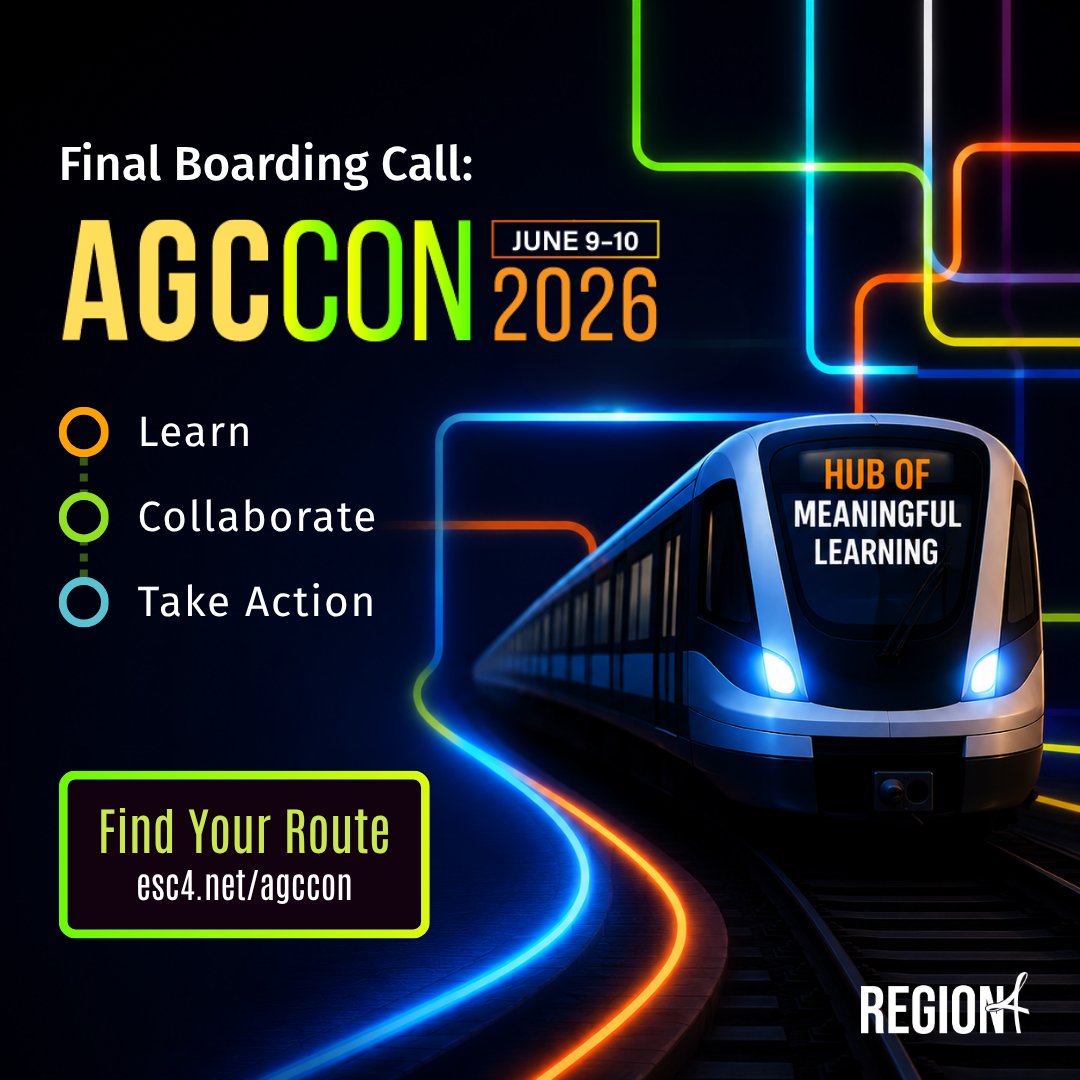 Region4ESC's tweet photo. 🔔 𝐅𝐢𝐧𝐚𝐥 𝐁𝐨𝐚𝐫𝐝𝐢𝐧𝐠 𝐂𝐚𝐥𝐥

Hop on board and join educators from across the region at #R4AGCCon and explore access to grade-level learning and explore what it takes to help all learners thrive.

📅 June 9–10, 2026
Find your route → https://t.co/UQYk2owCvr https://t.co/23Ogk8B5eo