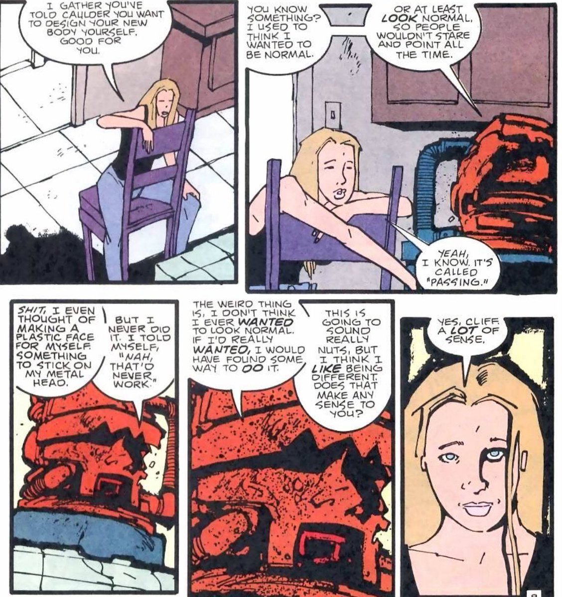 ApolloSunKing's tweet photo. This entire conversation might be my favorite Doom Patrol Moment ever, Kate and Cliff’s dynamic works so well together. The deconstruction of gender/ being into an intrapersonal identity that manifests socially is fantastic! The allegory for passing fits Cliff so well! https://t.co/XxOTOqI8rU