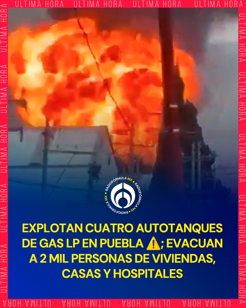 Radio_Formula's tweet photo. ¡Alerta en Puebla! ⚠️ Más de 2 mil personas dejaron sus actividades y hogares en Tepeaca tras la EXPLOSIÓN de cuatro autotanques de gas LP.  💥

Protección Civil del Estado no reporta lesionados. La dependencia añade que mantiene recorridos para evaluar daños en inmuebles. https://t.co/pyCrSdPVwI