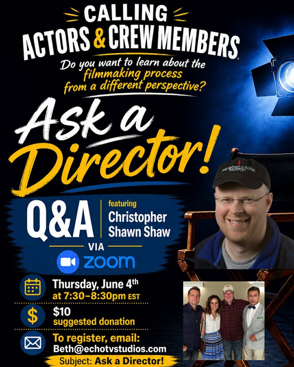 directorCSS's tweet photo. 📣  ATTN:  #actors #actresses #crew #indiefilmmakers #filmmakers  🎥 🎬 

🎬THIS AFTERNOON / EVENING (Thursday, June 4th)!!
Join EchoTV Studios and Dave Siriano for: 

🎥 Ask a Director!
Q&A featuring yours truly…

📅 Thursday, June 4th
⏰ 4:30-5:30pm PDT / 6:30-7:30pm CDT / 7:30–8:30pm EDT
💻 Via Zoom
👧 Moderated by Ebie Adkins  
💵 $10 suggested donation

To register: 
📧 Beth@EchoTVStudios.com
Subject: Ask a Director!

Tell her Nugget sent you.🐾