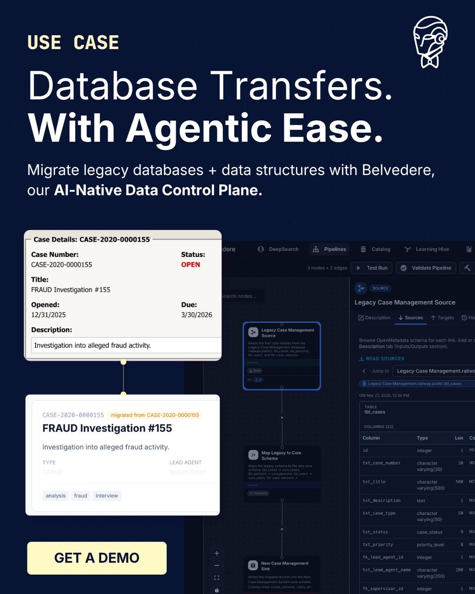 ClearFractureAI's tweet photo. Database transfers can be hard.

Schemas don't line up. Validation is brittle. Audit trails are an afterthought. And the cost of getting it wrong shows up months later, in the data.

Throw a pure agent at it and you get a one-shot black box: no audit trail, no cheap re-run, no visibility into how fields were mapped.

Belvedere uses agents to build the pipeline, not to be the pipeline.

You get a deterministic, inspectable, repeatable pipeline you own — with agent cost paid once at design time, not on every row.

Get a demo: https://t.co/VUQdraWBey