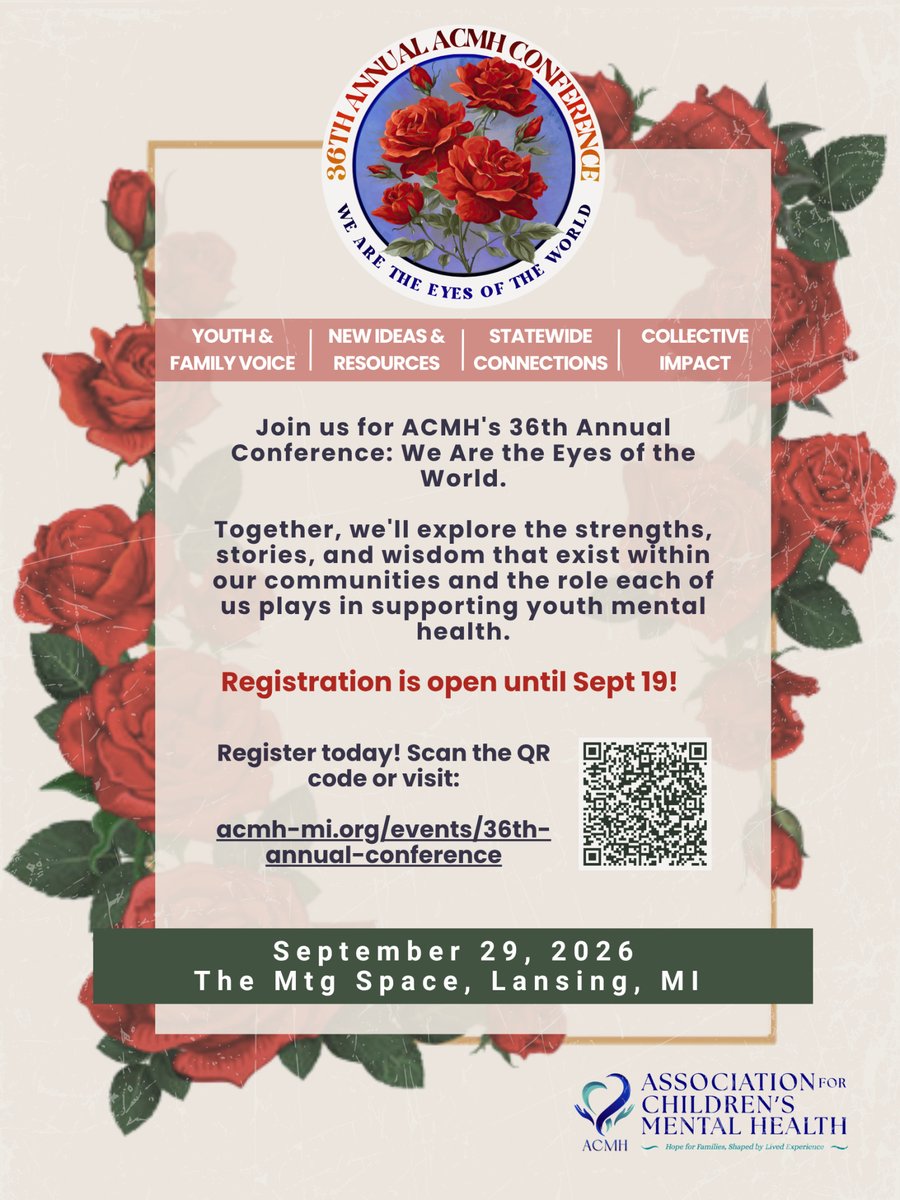 ACMH_MI's tweet photo. Registration is now open for ACMH's 2026 Conference!

Join youth, families, caregivers, professionals, and community partners from across Michigan on September 29 in Lansing.

Register today: https://t.co/uv1Bovhbh1

#ACMHMI #YouthMentalHealth https://t.co/CgvpPdla2k