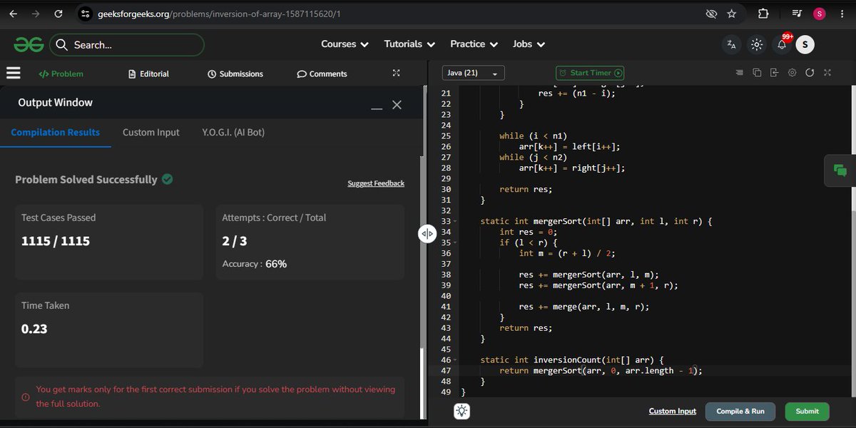 Satya0611's tweet photo. Day 4/45 #SDESheetChallenge: 
1. Mastered the fast/slow pointer approach for arrays and mathematical derivation why ?
2. optimized from O(n) space.
3. Love seeing how merge sort intuition applies to new problems. 
Thanks @striver_79 for the challenge! #DSA #CodingChallenge https://t.co/EsZm2lWANH