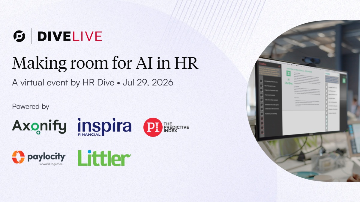 hrdive's tweet photo. AI is reshaping all sorts of professions, and human resources is no exception. 

Join us on July 29 for a free virtual event where HR Dive journalists discuss the changing #AI landscape and how #HR pros can adapt. 

Register for free: https://t.co/9ckgNfGMbk https://t.co/vzSEYrAeqw