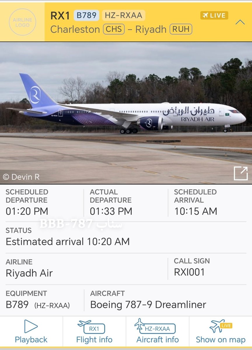 bbbb_787's tweet photo. هلا بطيران الرياض💜🪻
هلا بالدريملاينر ✈️ 😎

✈️ تم استلام الطائرة 🤝 
✈️ الطائرة : بوينغ 9-787 والآن في الجو✈️ 
✈️ في طريقها إلى الرياض 🇸🇦 
✈️ تحمل الرمز HZ-RXAA
✈️ رقم الرحلة  RX1

تابع البث المباشر لمسار الرحلة : https://t.co/kjRsPA6UcK

(ليس إعلان) https://t.co/yDxgWk73nc