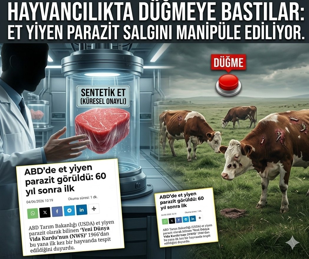 Anlik_Analiz's tweet photo. DÜĞMEYE BASTILAR!

Küresel Çete Düğmeye Bastı: 

Yapay Ete Yer Açmak İçin Hayvancılığı Katlediyorlar!

Plan Tıkır Tıkır İşliyor: Önce Korkut, Sonra Muhtaç Et!

​Yıllardır "karbon salınımı" ve "iklim krizi" yalanlarıyla küresel hayvancılığı hedef alanlar, istedikleri hızı alamayınca şimdi en radikal silahlarını sahaya sürdüler. 

Tam 60 yıldır esamesi okunmayan, kökü kazınmış "Yeni Dünya Vida Kurdu" gibi bir canavarın birdenbire, tam da gıda krizinin zirve yaptığı bu dönemde ortaya çıkması tesadüf olamaz!

Çiftçileri korkutmak, hayvanları katletmek ve et fiyatlarını fırlatarak gerçek et tüketimini imkansız hale getirmek.

"Gerçek et tehlikeli, parazitli ve hastalıklı" algısını zihinlere kazıyarak, insanlığı küresel şirketlerin laboratuvarlarında üretilen kimyasal çorbalara (yapay et) el açar hale getirmek.

Bu parazit üzerinden yayılacak panik dalgasıyla birlikte, yarın bir gün "Güvenlik gerekçesiyle hayvancılık yasaklandı" ya da "Tüm çiftlikler karantinaya alındı" haberlerini duymamız an meselesidir. 

Küresel sistem, kendi elleriyle besleyip büyüttüğü bu tehditleri, insanlığın beslenme alışkanlıklarını kökten değiştirmek ve insanı tamamen bağımlı bir köle haline getirmek için kullanıyor.