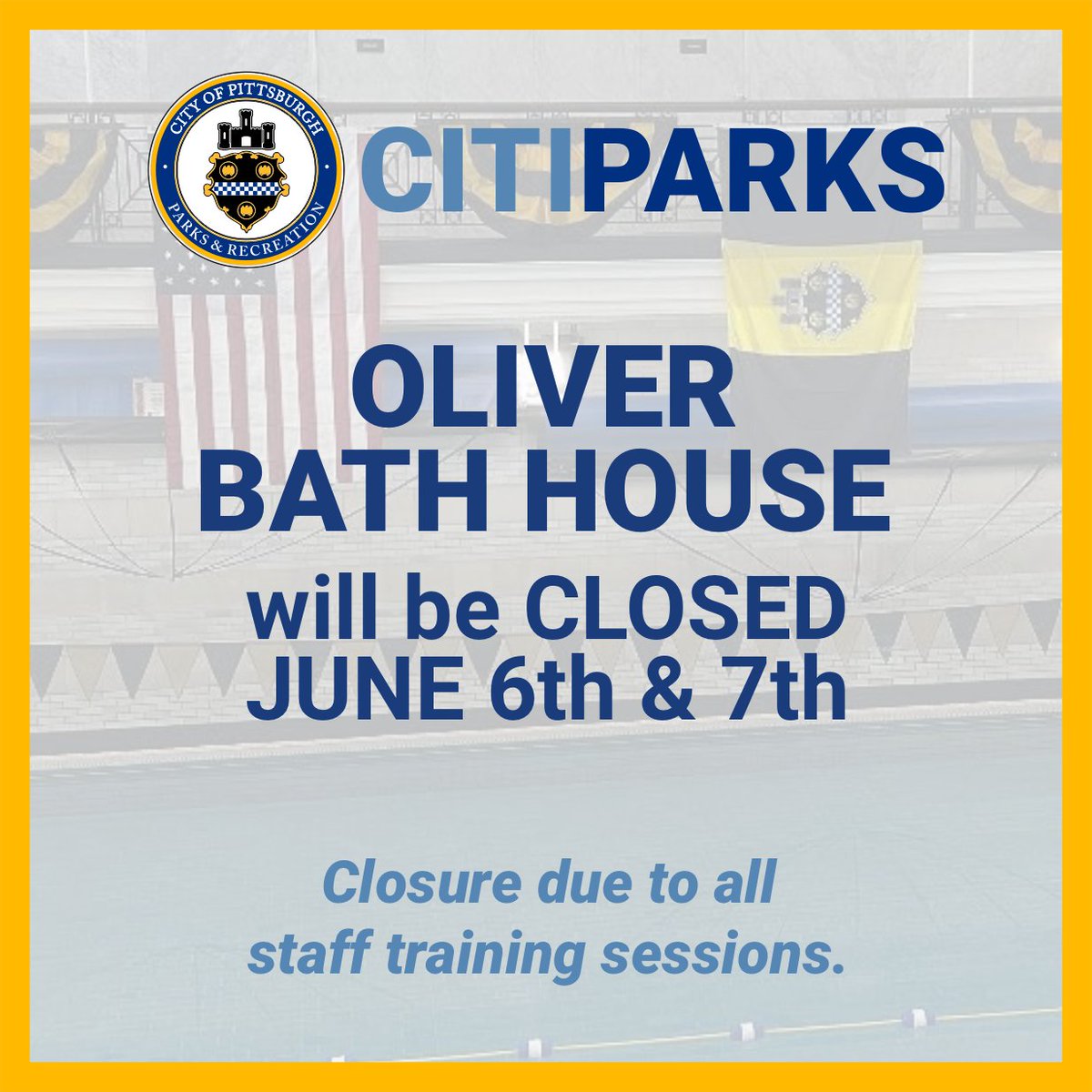 CitiParks's tweet photo. 🚨 Heads up, swimmers! ‼️
Oliver Bath House will be closed to the public on June 6th &amp; 7th as our staff gears up for summer pool season with important training activities.
We appreciate your understanding &amp; can't wait to welcome you back for a safe &amp; fun summer at the pool! 🏊‍♀️☀️ https://t.co/Ln4okTEbVq