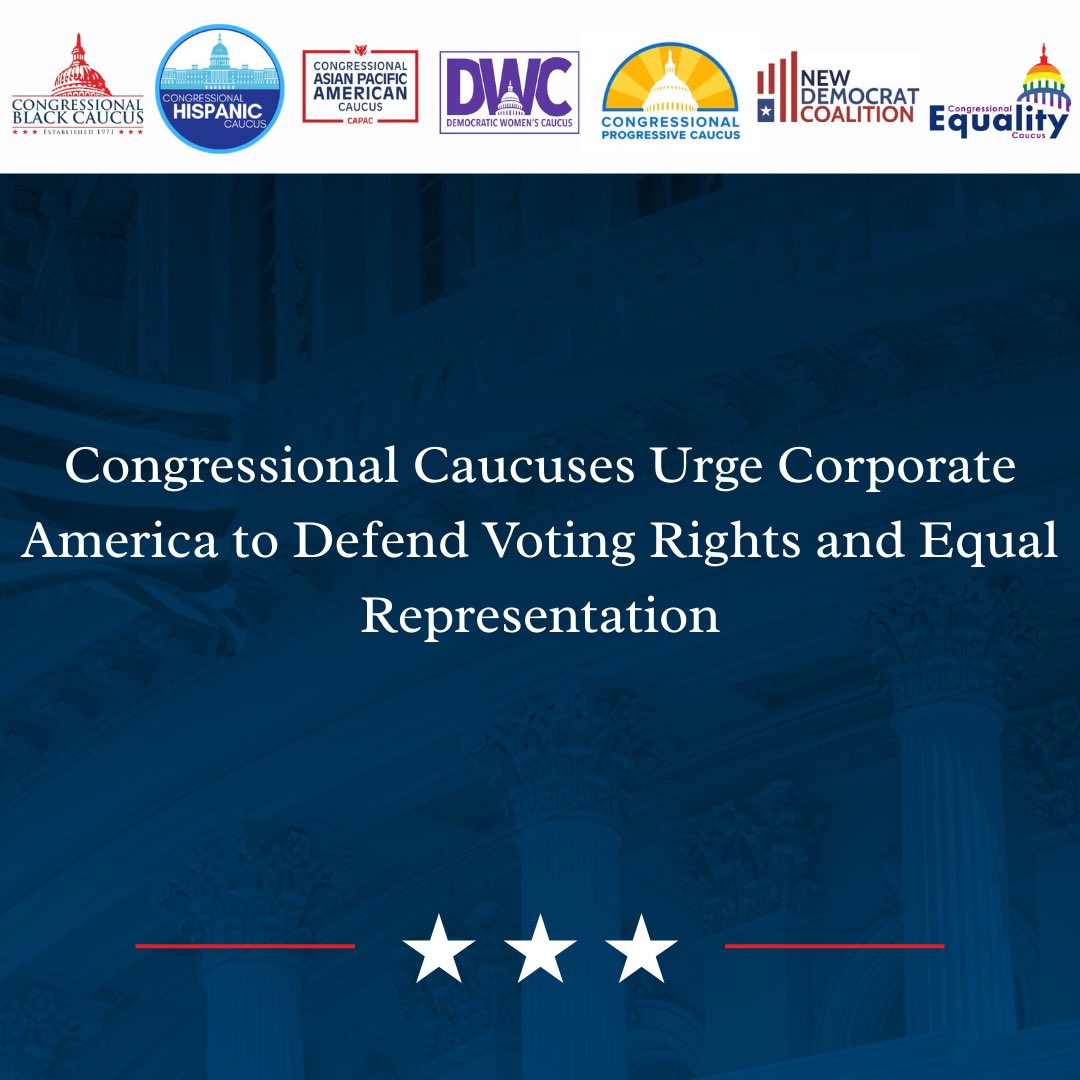 TheBlackCaucus's tweet photo. United across our caucuses, we are clear: Corporate America must stand with us in defending democracy and fair representation—not just in words, but through action. 

Silence is not leadership. 

https://t.co/3ZK37knSAV https://t.co/O6XI7scfoW