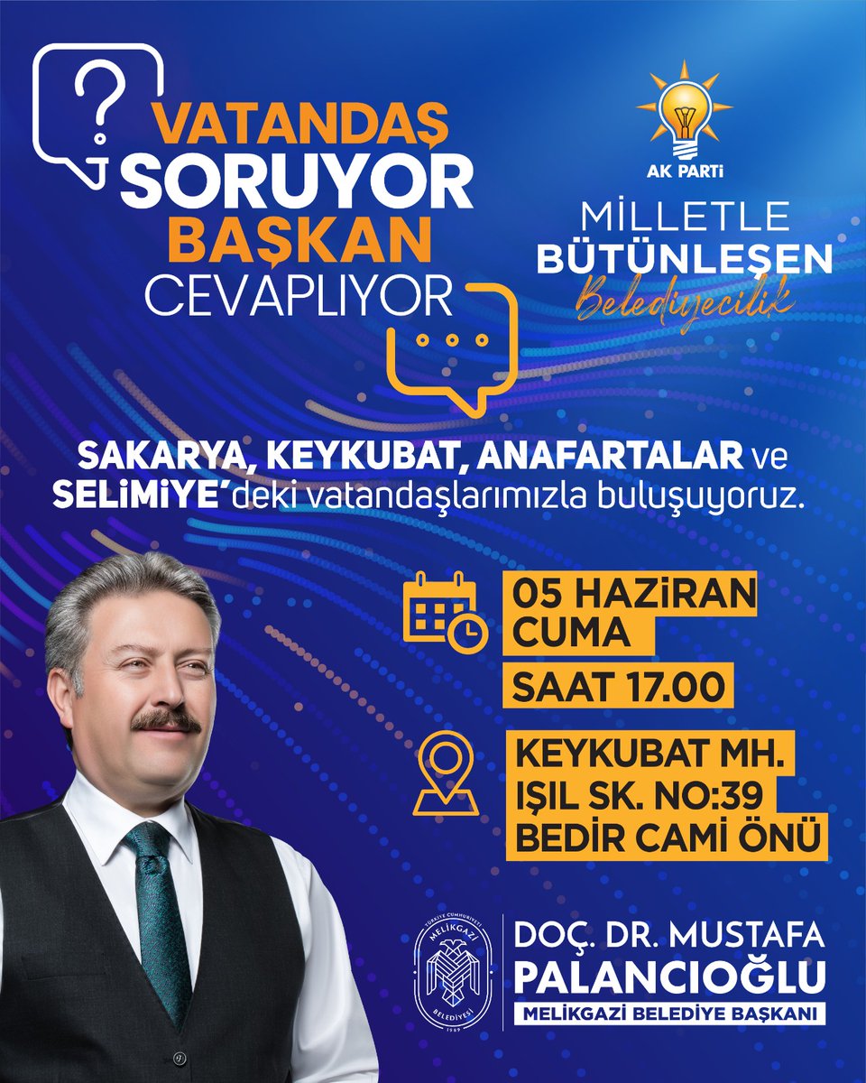 DrPalancioglu's tweet photo. “Vatandaş Soruyor, Başkan Cevaplıyor!”

Teknik ekibimle birlikte yarın Sakarya, Keykubat, Anafartalar, Selimiye’de vatandaşlarımızla bir araya geliyoruz!

Tüm hemşehrilerimiz davetlidir!

🗓️05 Haziran Cuma (Yarın)
⏰17.00
📌Keykubat Mahallesi Işıl Sk. No:39 Bedir Cami Önü
📍https://t.co/8tveWryQ7L