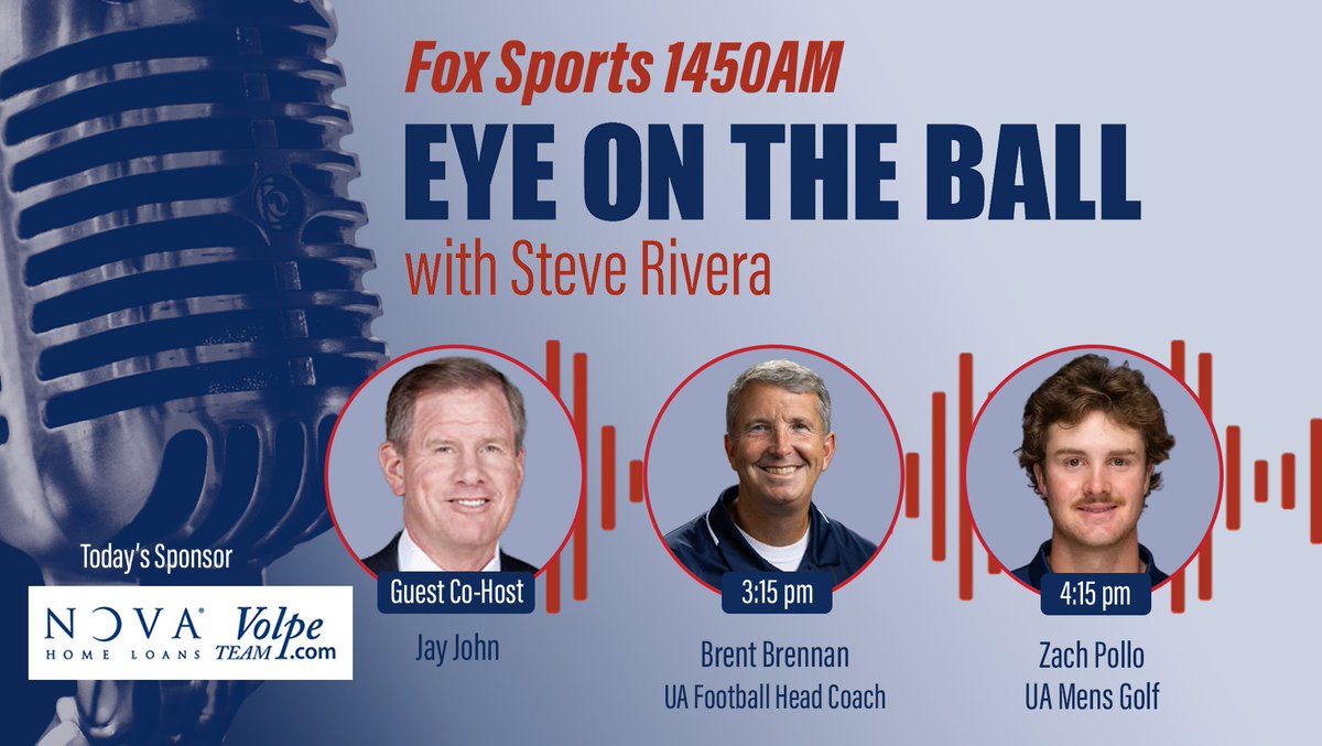 EyeTucson's tweet photo. Today with @steverivera95 &amp; Jay John

3:15–  Brent Brennan, @ArizonaFBall , head coach
4:15 –   Zach Pollo, @ArizonaMGolf 

🕰3 p.m.-5 p.m.
📞(520) 416-7440
🎙https://t.co/rp8tPfDNpQ
📱@iHeartRadio, @ApplePodcasts, @Spotify https://t.co/XiNKsDKADD