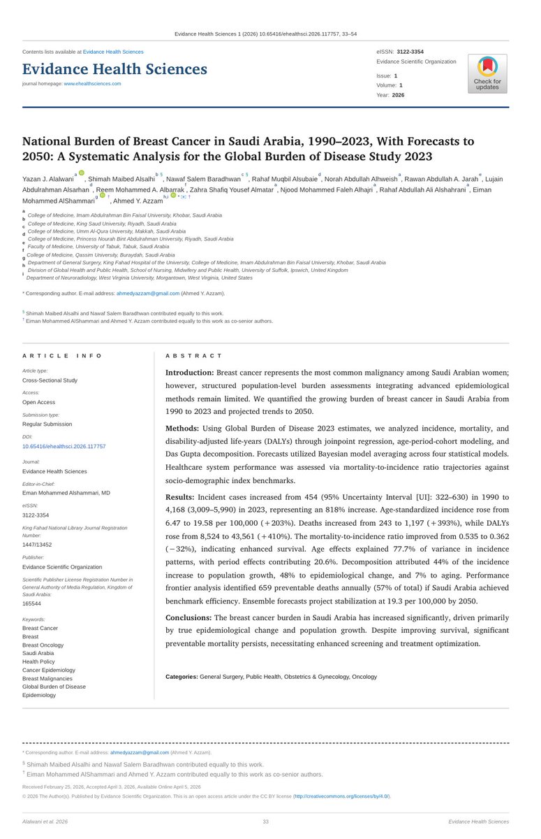 YazanA_'s tweet photo. الحمد لله❤️
تم نشر بحثنا الذي عملنا عليه لفترة طويلة بعنوان:

National Burden of Breast Cancer in Saudi Arabia, 1990–2023, With Forecasts to 2050: A Systematic Analysis for the Global Burden of Disease Study 2023

تناولنا في هذا البحث عبء سرطان الثدي في المملكة العربية السعودية من منظور مجتمعي وصحة عامة، من خلال تحليل مدى انتشاره، وتأثيره على الوفيات، وسنوات العمر المفقودة، والعمر الإنتاجي للسعوديين.

اعتمدنا على بيانات امتدت لأكثر من ثلاثة عقود، من عام 1990 إلى 2023، كما قمنا بإجراء تنبؤات مستقبلية حتى عام 2050 لفهم الاتجاهات المتوقعة وما قد تعنيه على مستوى الصحة العامة والتخطيط الصحي.

أتقدم بجزيل الشكر للدكتورة إيمان الشمري على دعمها وتوجيهها في هذا البحث المميز، كما أشكر جميع الزملاء الباحثين المشاركين على جهودهم الكبيرة في هذا الإنجاز.
@dr_e_alshammari 
https://t.co/XYdnhzMhxE