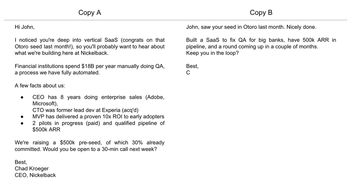 StephNass's tweet photo. 2 cold emails sent to VCs. 

Same content, different style.

Which one performs best in your opinion? https://t.co/haMPcyS90o