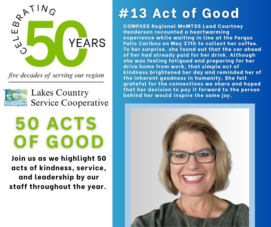 LakesCountrySC's tweet photo. LCSC 50 Acts of Good! COMPASS Regional MnMTSS Lead Courtney Henderson shares her Act of Good, bringing us to #13. 💙 Our mission is to advocate for strong communities, and that starts at home.
Learn more: https://t.co/xMz1CKubV3
#LCSC #50ActsOfGood #CommunityStrong https://t.co/FJsbPspk2M