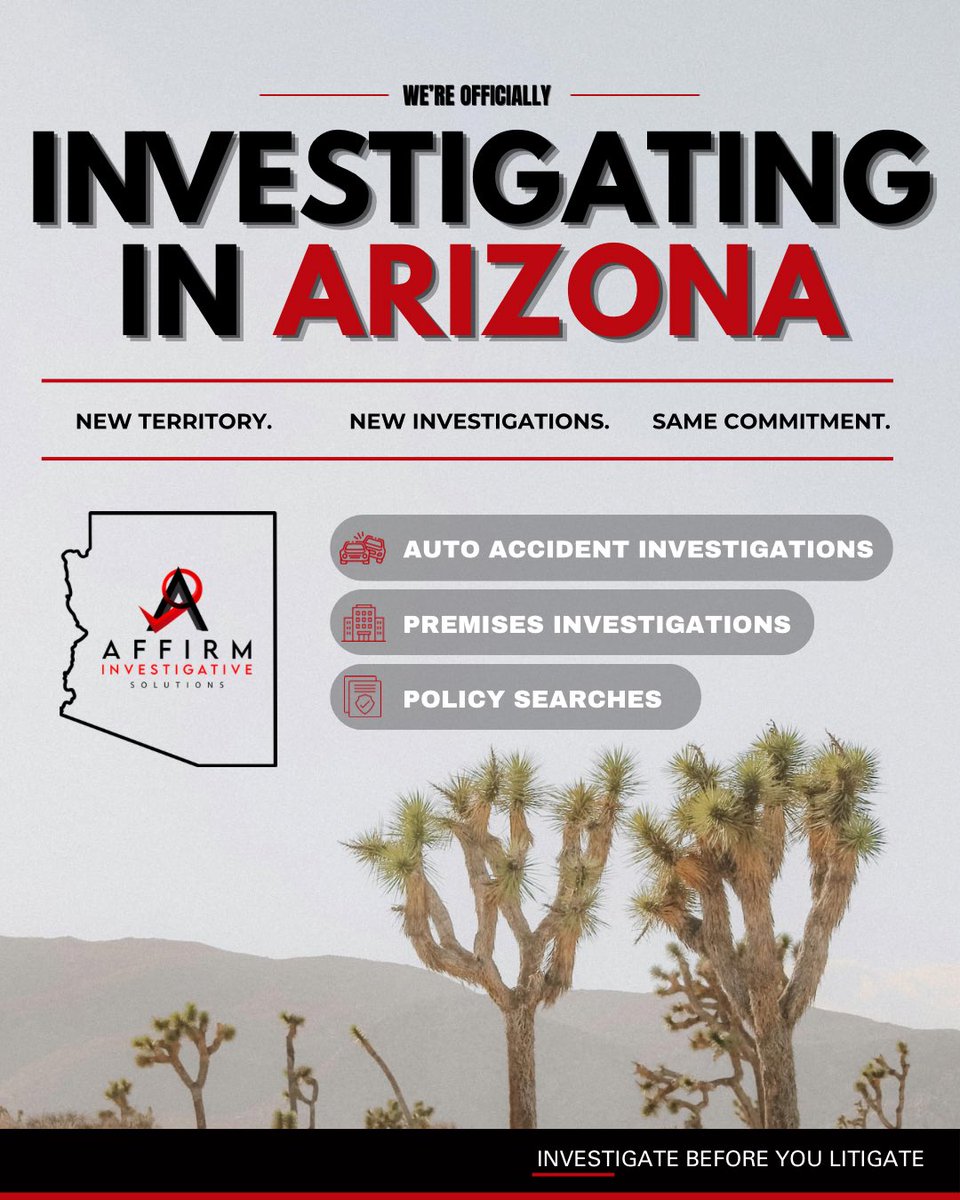 Affirm_IS's tweet photo. We are proud to announce that we're now officially investigating in Arizona!

Auto Accidents. Premises Liability. Policy Searches. We're ready.

DM, call (877) 742-2783, or visit https://t.co/YO8Lc8hQIu to get started with your case today!

#Arizona #NewMarket #Personallnjury https://t.co/Yqp8lOgtkt