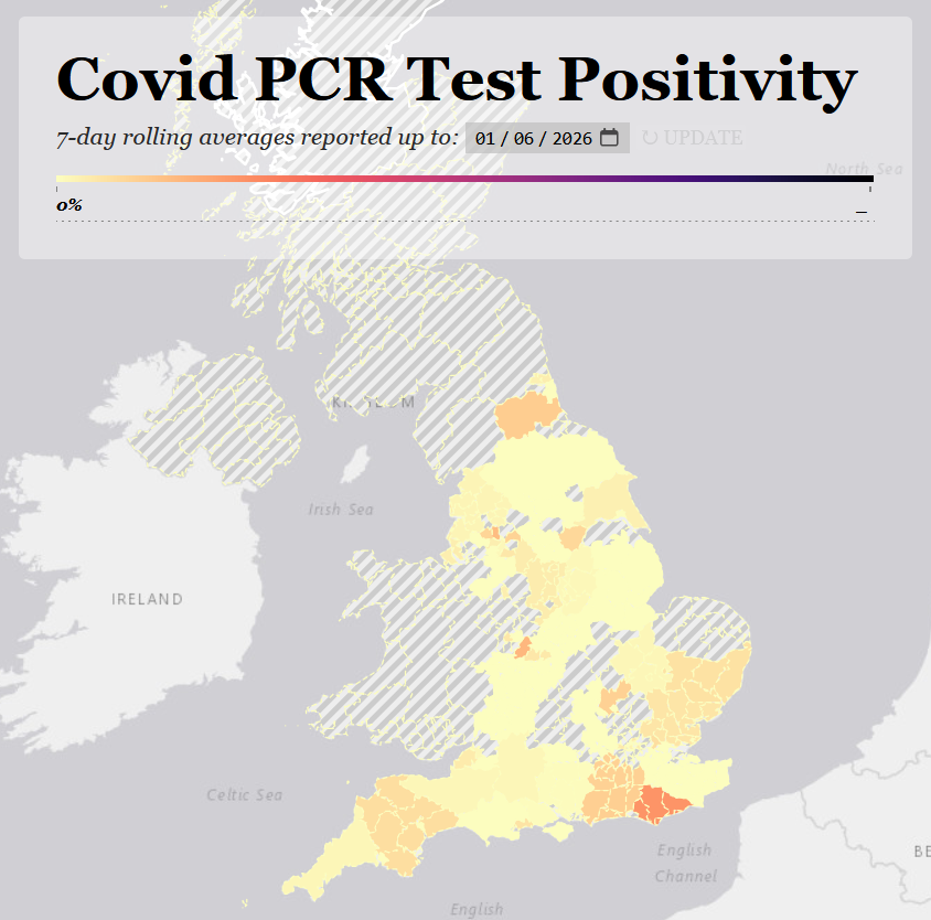 skeuomorphology's tweet photo. The PCR positivity map is out.

Most areas are either not reporting or have stopped within the last 7 days, hence this week's national average is unlikely to have any meaning at all.

I'll discuss known hotspots first, then the data shortage issue.

https://t.co/1phcyp7jth

1/8 https://t.co/QqzsjQJWPH