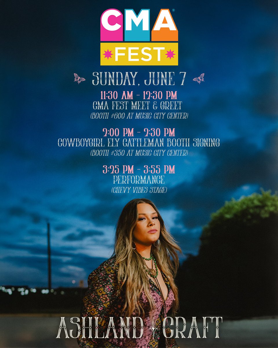 AshlandCraft's tweet photo. See yall this weekend at CMA Fest! Make sure to catch my set at the Chevy Vibes stage Sunday @ 3:25!
https://t.co/5Ffv4yEEux https://t.co/yAIku73Syy