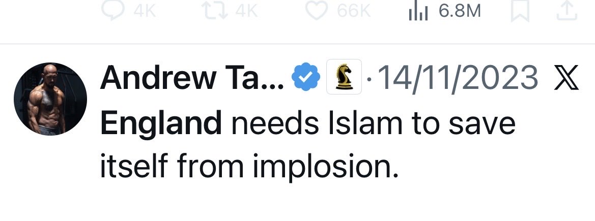 surejan33's tweet photo. @votebruv Tate is a Muslim.
Tate wants an Islamic UK. https://t.co/zWdfaKQb2w