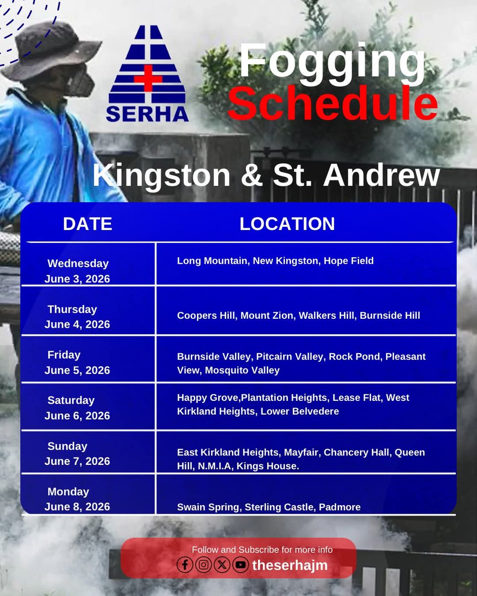 theserhajm's tweet photo. See fogging schedule for the parish of Kingston and St.Andrew from June 1-30, 2026 @themohwgovjm https://t.co/r2OnlyrOF3