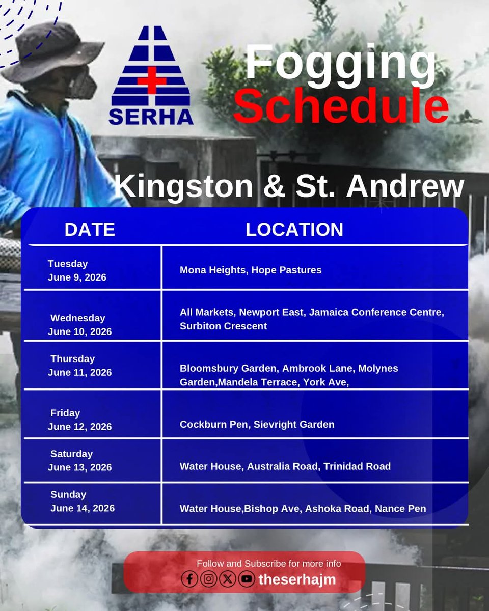 theserhajm's tweet photo. See fogging schedule for the parish of Kingston and St.Andrew from June 1-30, 2026 @themohwgovjm https://t.co/r2OnlyrOF3