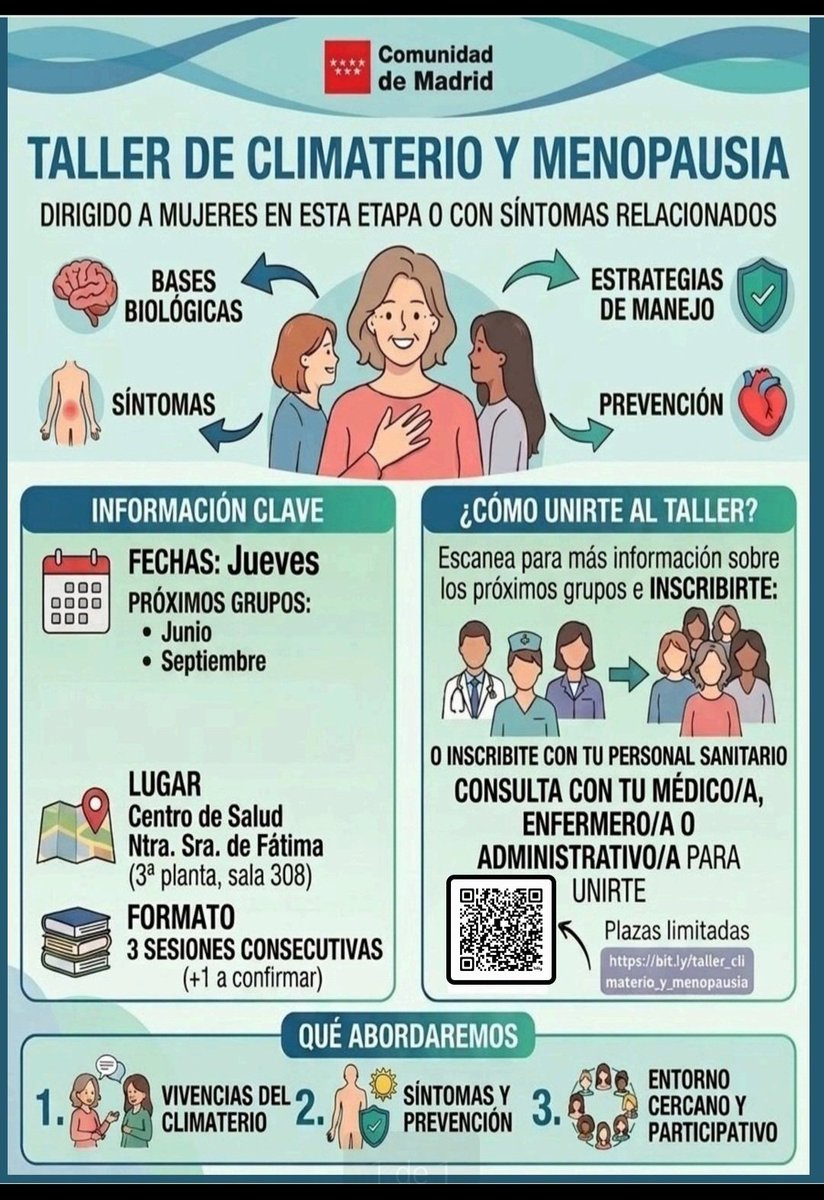 CSFatimaCaraban's tweet photo. Recordamos los talleres de menopausia que se organizan en nuestro centro de salud, martes y jueves. Seguimos en septiembre https://t.co/N5aOTS0wc4