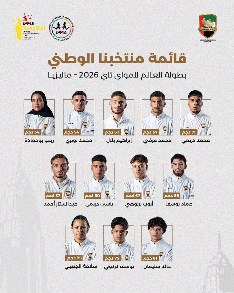 uaemkfed's tweet photo. يسرنا الإعلان عن قائمة منتخبنا الوطني المشاركة في بطولة العالم للمواي تاي -  كوالالمبور 2026.
كل الأمنيات بالتوفيق لجميع الأبطال في رحلتهم نحو التحدي العالمي. .. ومواصلة عروضهم القوية وتحقيق الإنجازات والألقاب.

We are pleased to announce the UAE National Team squad that will represent the country at the World Muay Thai Championship – Kuala Lumpur 2026.

Wishing all our champions the very best as they embark on their journey towards the global challenge, aiming to continue their strong performances and achieve further success and titles. 🇦🇪

#اتحاد_الإمارات_للمواي_تاي_والكيك_بوكسينج | #UAEMKFED