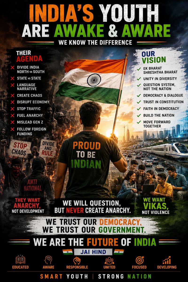 AcknowledgeM7's tweet photo. 🇮🇳 India’s Youth = Future of the Nation
Awake, aware, and focused on building—not breaking.
We believe in questions, dialogue, and democratic progress.
Not division. Not chaos.
#India #Youth #Unity #Democracy #JaiHind #DevelopingIndia https://t.co/NeVn9V6tbe